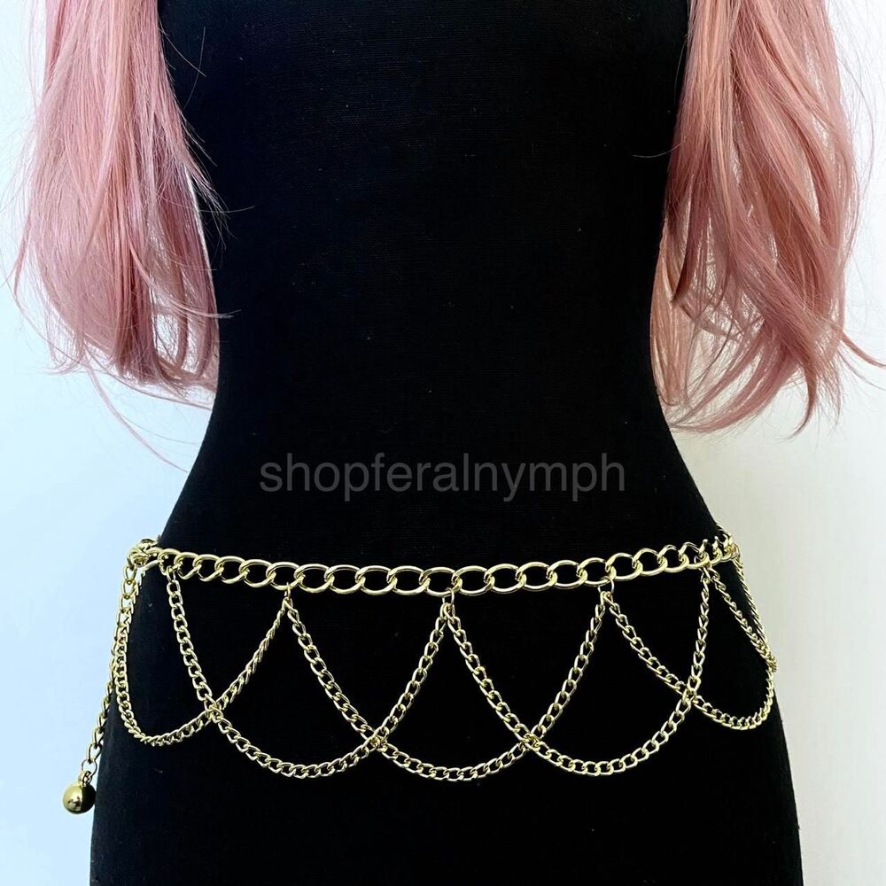 Gold Y2K Cascading Draped Layered Waist Chain Belt, Fits 21-41 Inches, X7GA1360